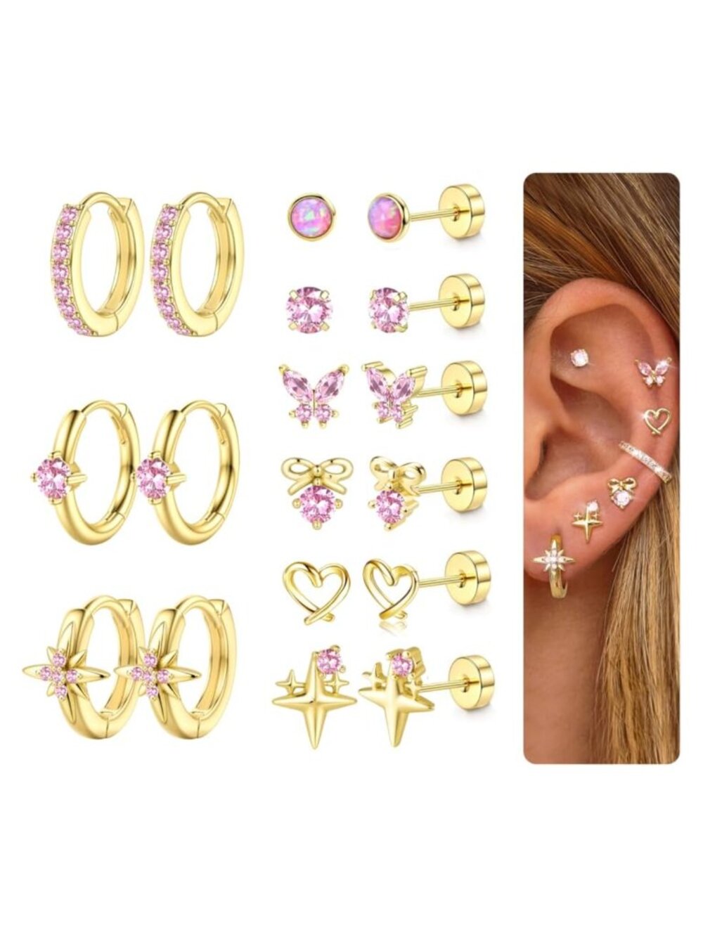 Hypoallergenic Flat Back Earrings 14K Gold Plated Stainless Steel Stud Hoop